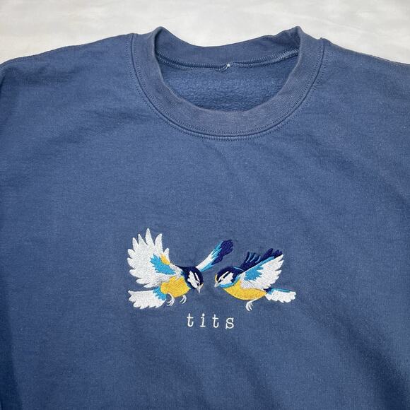 Titmouse Sweatshirt Unisex Size M? Blue Birdwatcher Embroidered Funny Silly - Picture 2 of 15